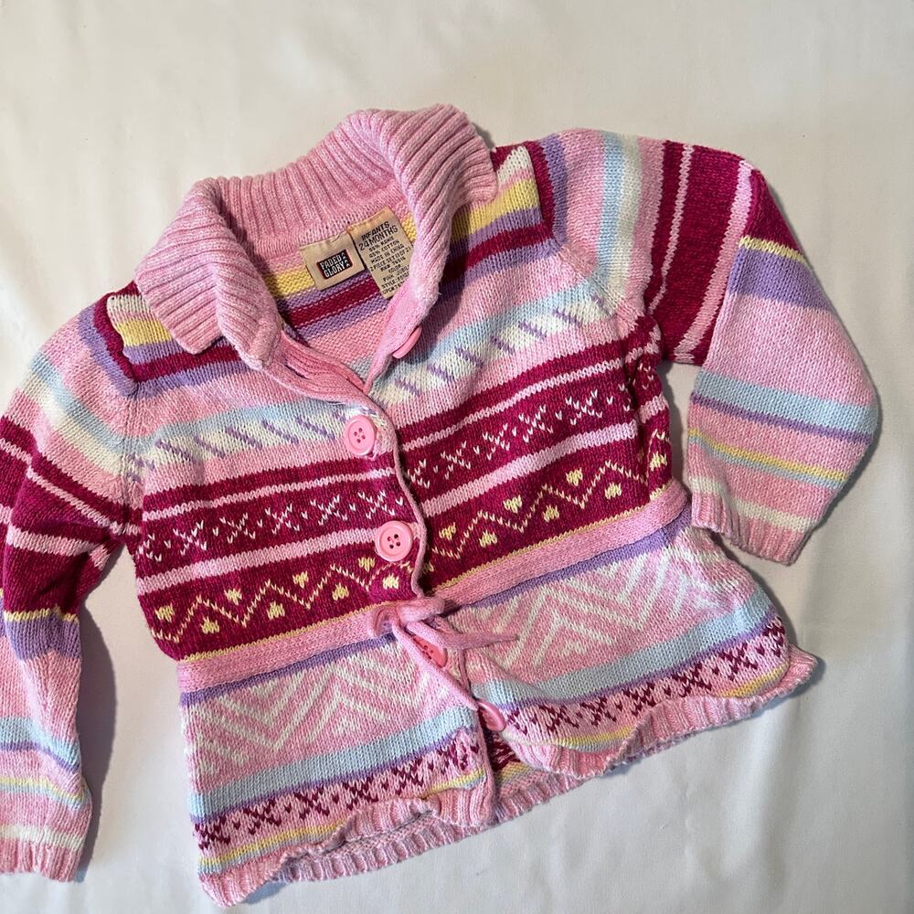Vintage 2000s Y2K Faded Glory Pink Striped Knit Button Up Cardigan Sz 24 mo
